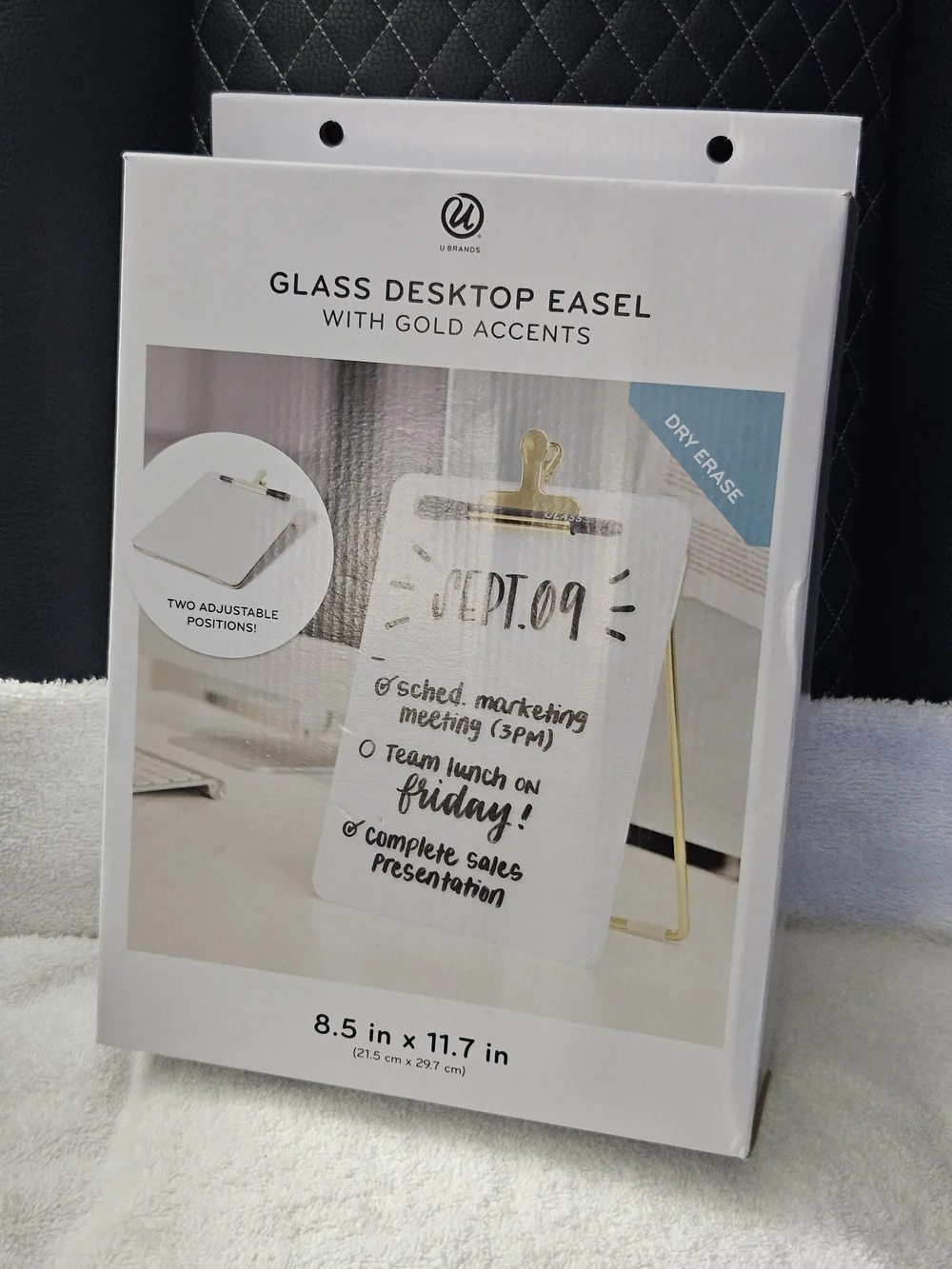 U Brands Glass Desktop Easel White Gold Accents 8.5x11.7 Dry Erase Whiteboard
